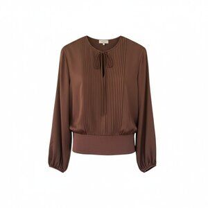 Lafayette 148 New York Pleated Tie-Neck Blouse Wood Brown Size L NWT $698